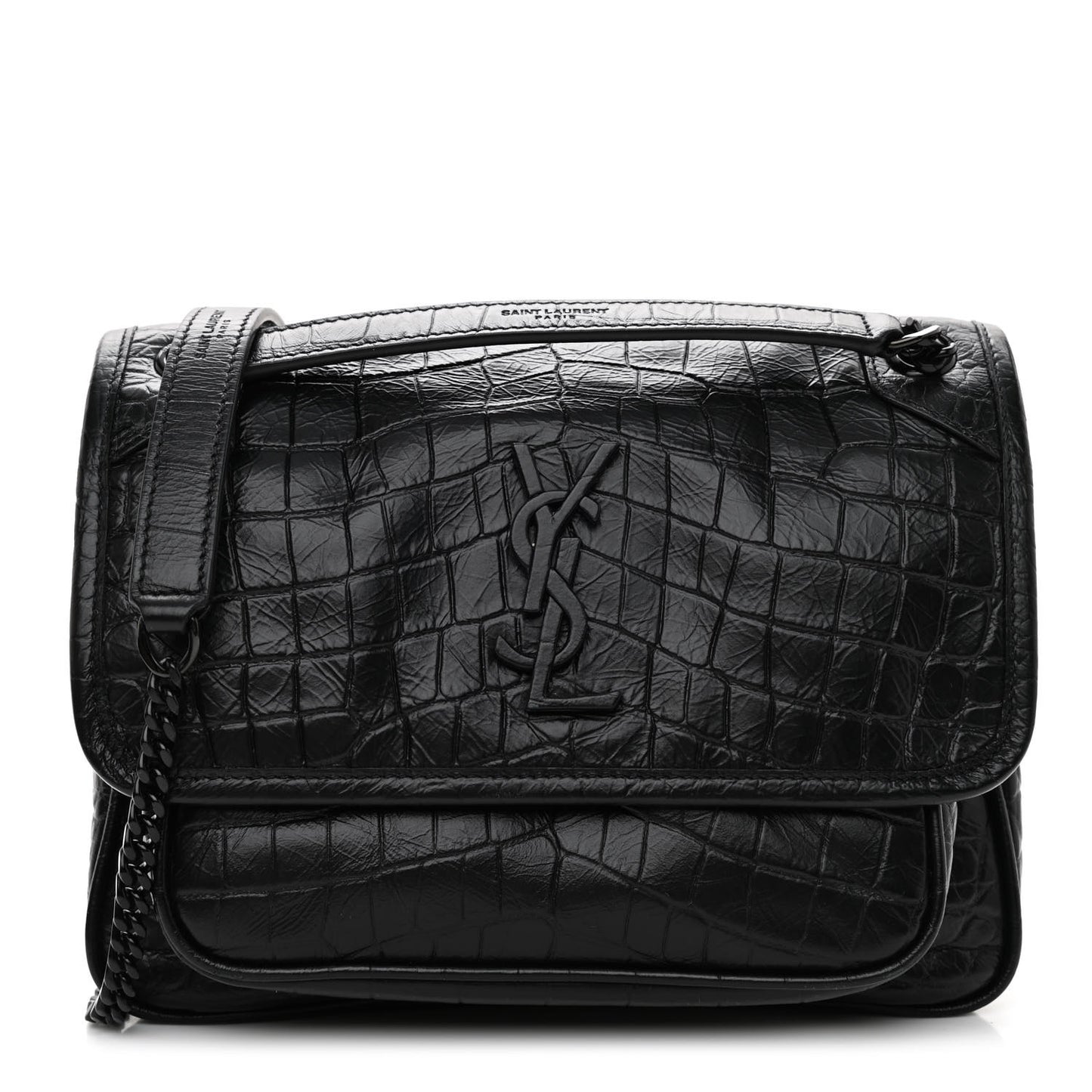Calfskin Crocodile Embossed Matelasse Monogram Baby Niki Chain Satchel Black