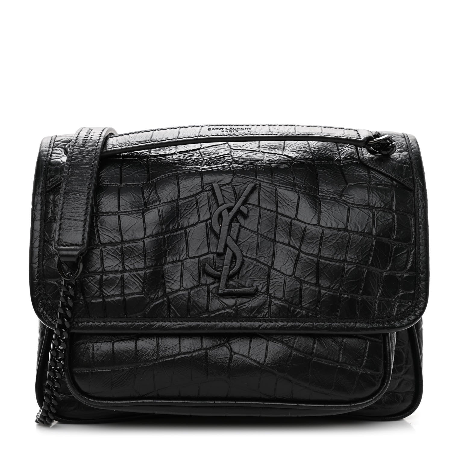 Saint Laurent Calfskin Crocodile Embossed Matelasse Monogram Baby Niki Chain Satchel Black 1 of 8