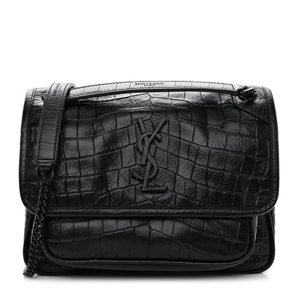 Saint Laurent Calfskin Crocodile Embossed Matelasse Monogram Baby Niki Chain Satchel Black 1 of 8