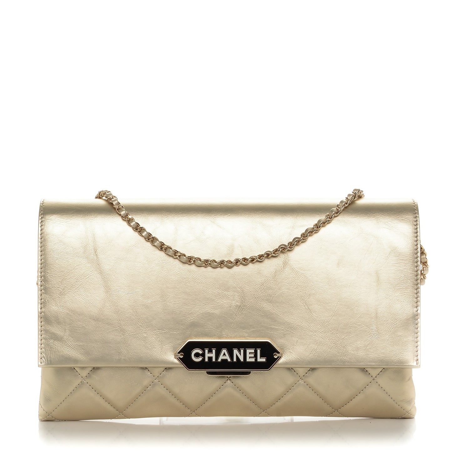 Metallalized Calfskin Quilted Retro Label Clutch Light Gold