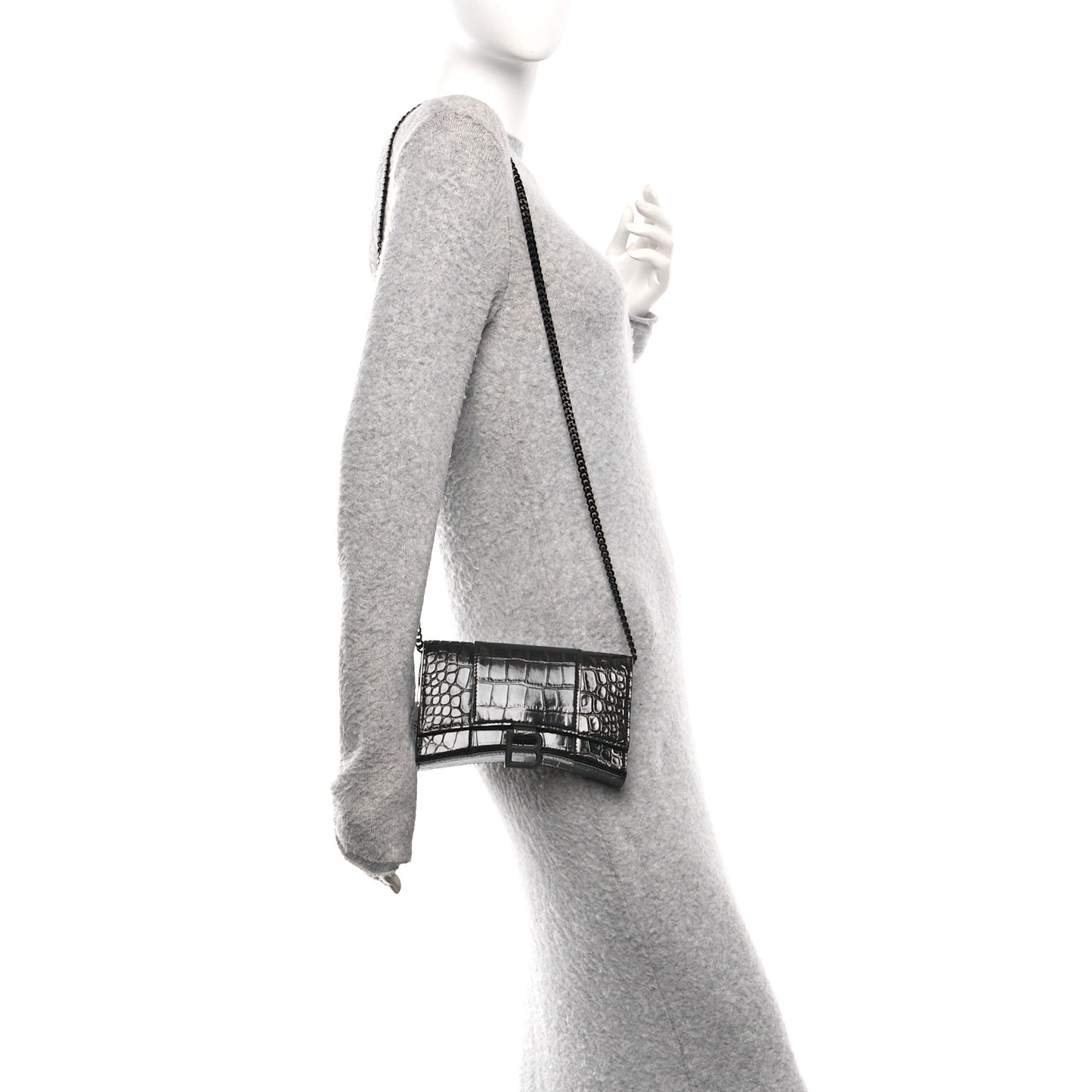Shiny Calfskin Monochrome Crocodile Embossed Hourglass Chain Bag Black