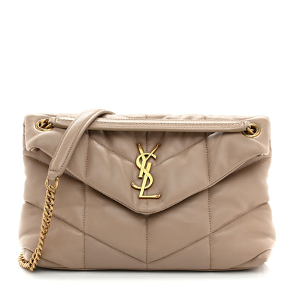 Saint Laurent Lambskin Quilted Small Loulou Puffer Monogram Chain Satchel Dark Beige 1 of 10