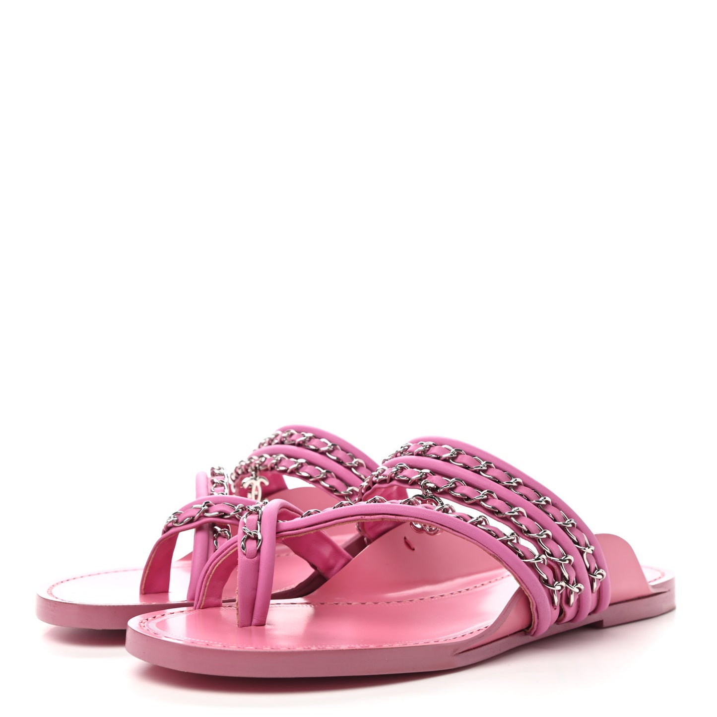 Calfskin Chain CC Thong Flat Sandals 39 Pink