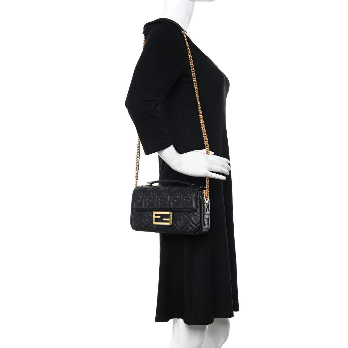 Nappa Small FF Embossed Midi Chain Baguette Black