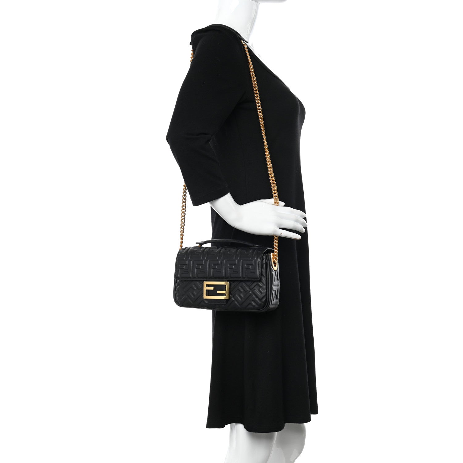 Fendi Nappa Small FF Embossed Midi Chain Baguette Black 2 of 11