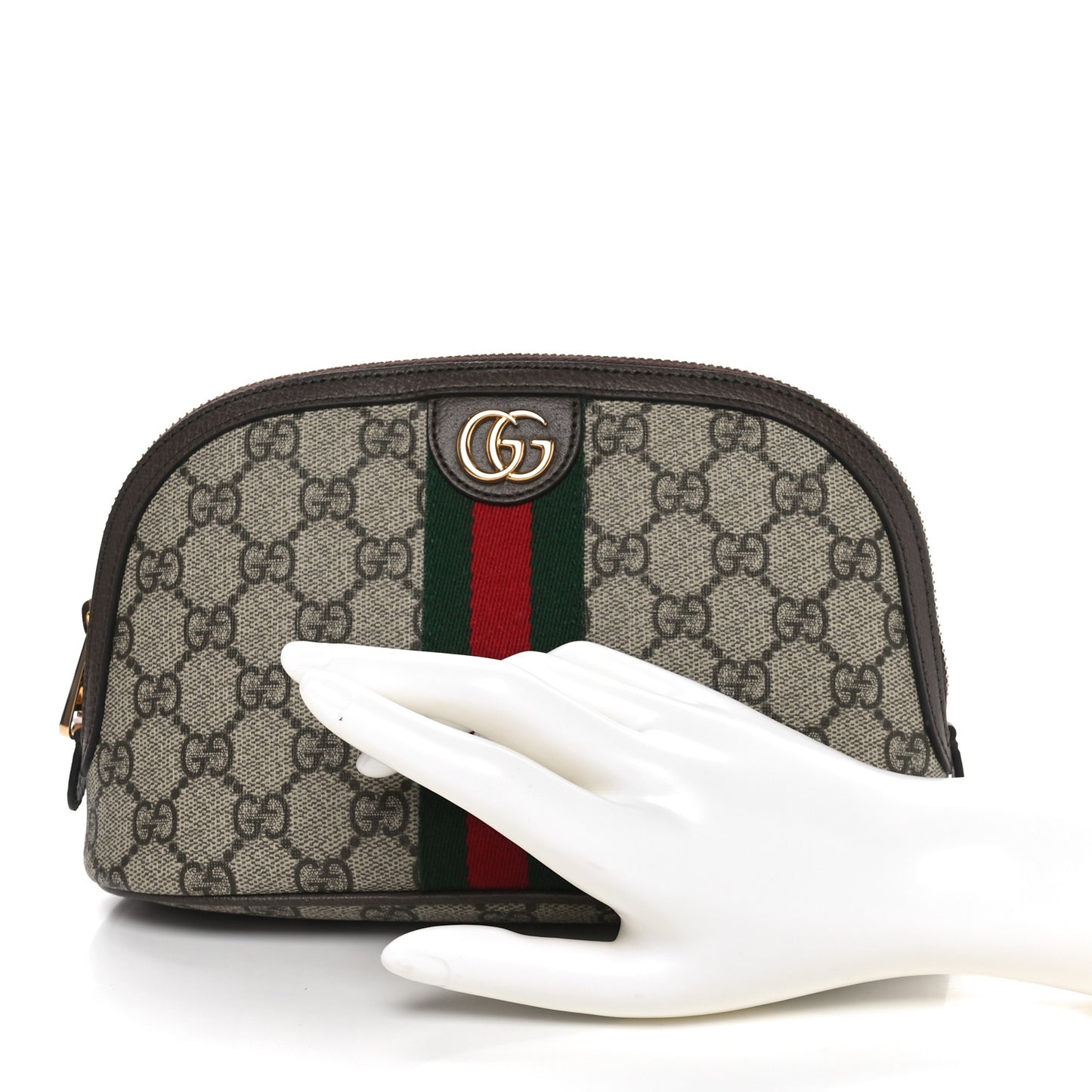 GG Supreme Monogram Textured Calfskin Web Large Ophidia Cosmetic Case Beige Ebony New Acero