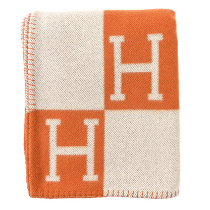 Hermes Wool Cashmere Signature Classic Avalon Blanket Ecru Potiron 1 of 3