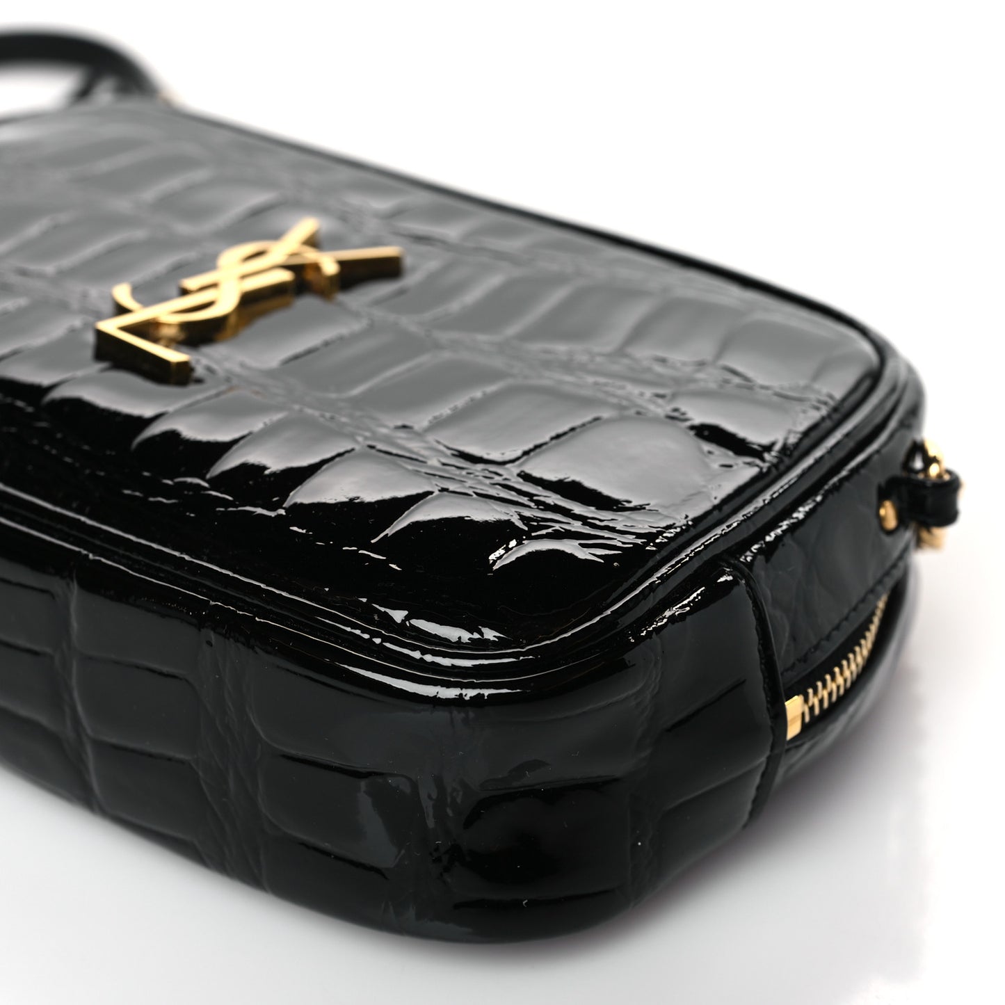 Patent Calfskin Crocodile Embossed Monogram Mini Lou Camera Bag Black