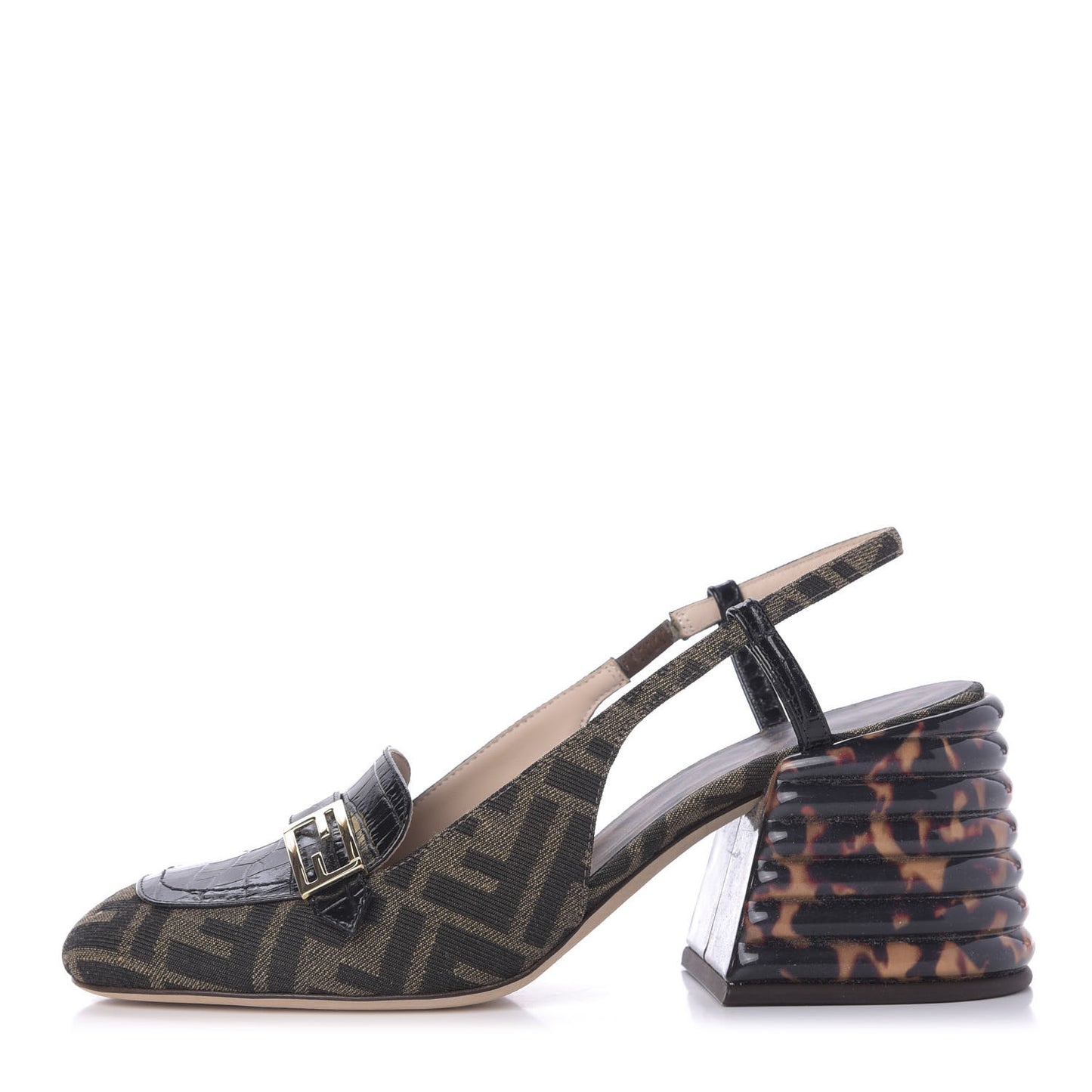 Jacquard Calfskin FF Tortoise Promenade Slingback Loafer Pumps 39.5 Tobacco
