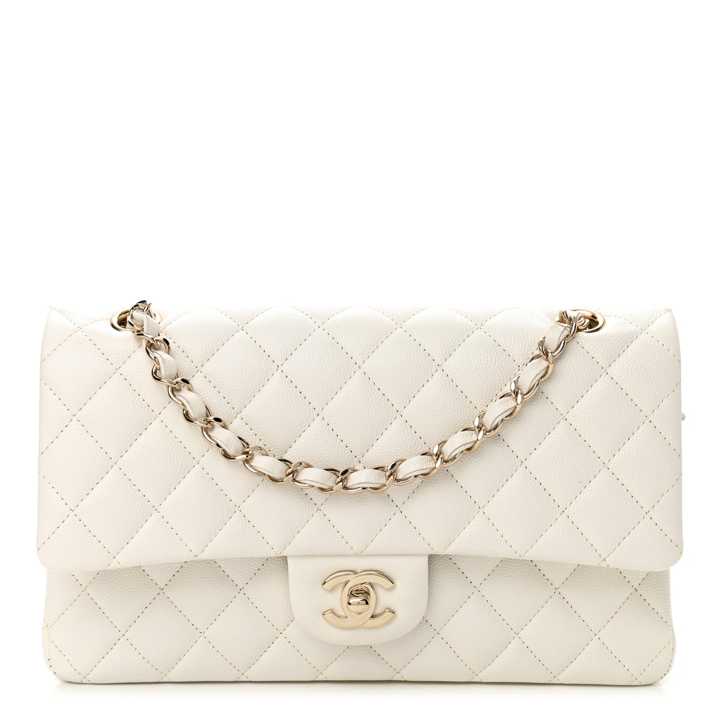 Caviar Quilted Medium Double Flap White