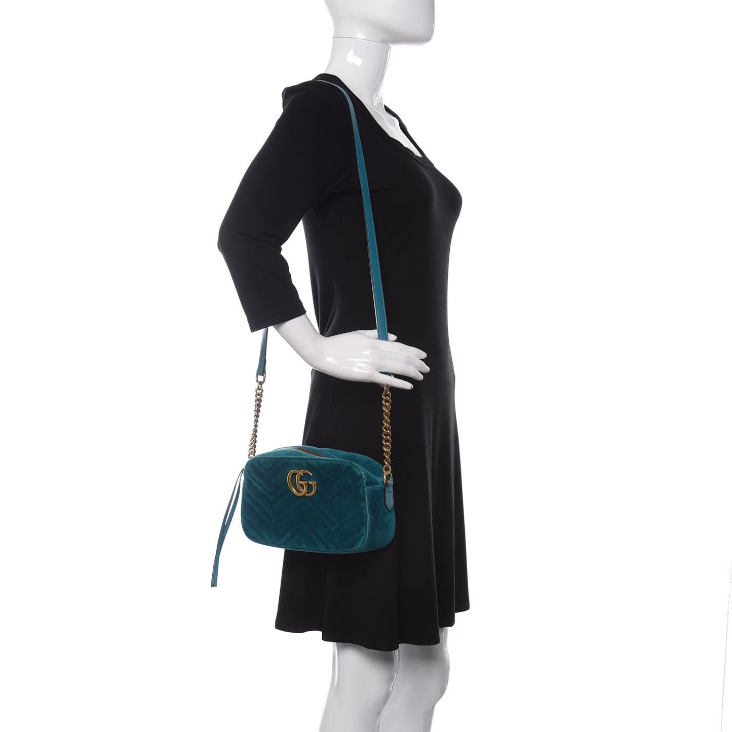 Velvet Matelasse Small GG Marmont Chain Shoulder Bag Pavone Cyan