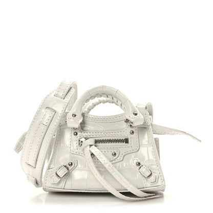Balenciaga Extra Supple Calfskin Crocodile Embossed Neo Classic Silver Hardware Super Nano City Crossbody White 1 of 8