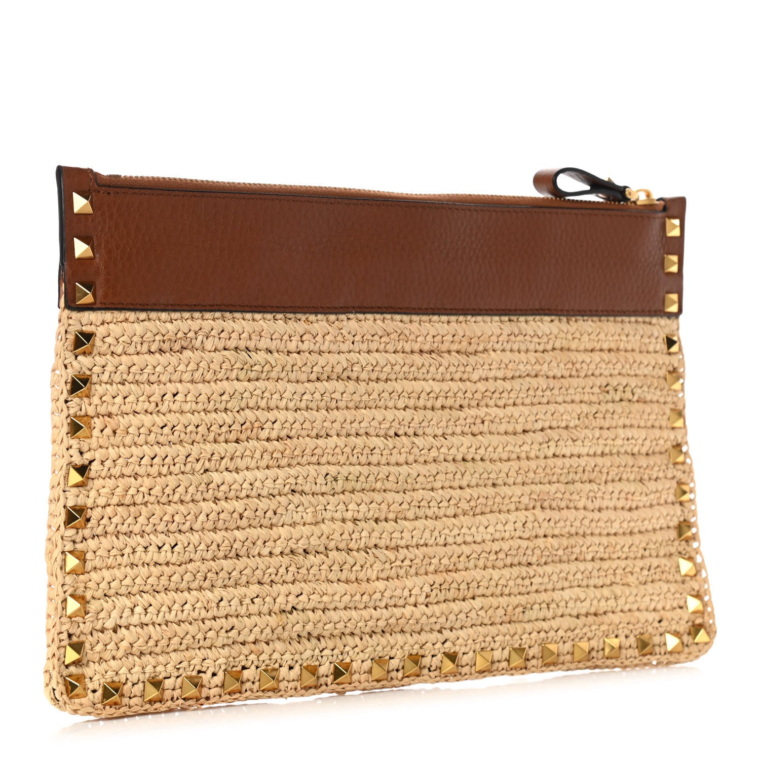Valentino Garavani Raffia Calfskin Large Rockstud Zip Pouch Naturale Saddle Brown 3 of 6