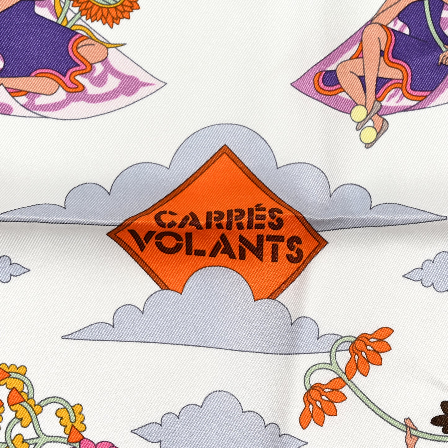 Silk Carres Volants Scarf 70 White Violet Orange