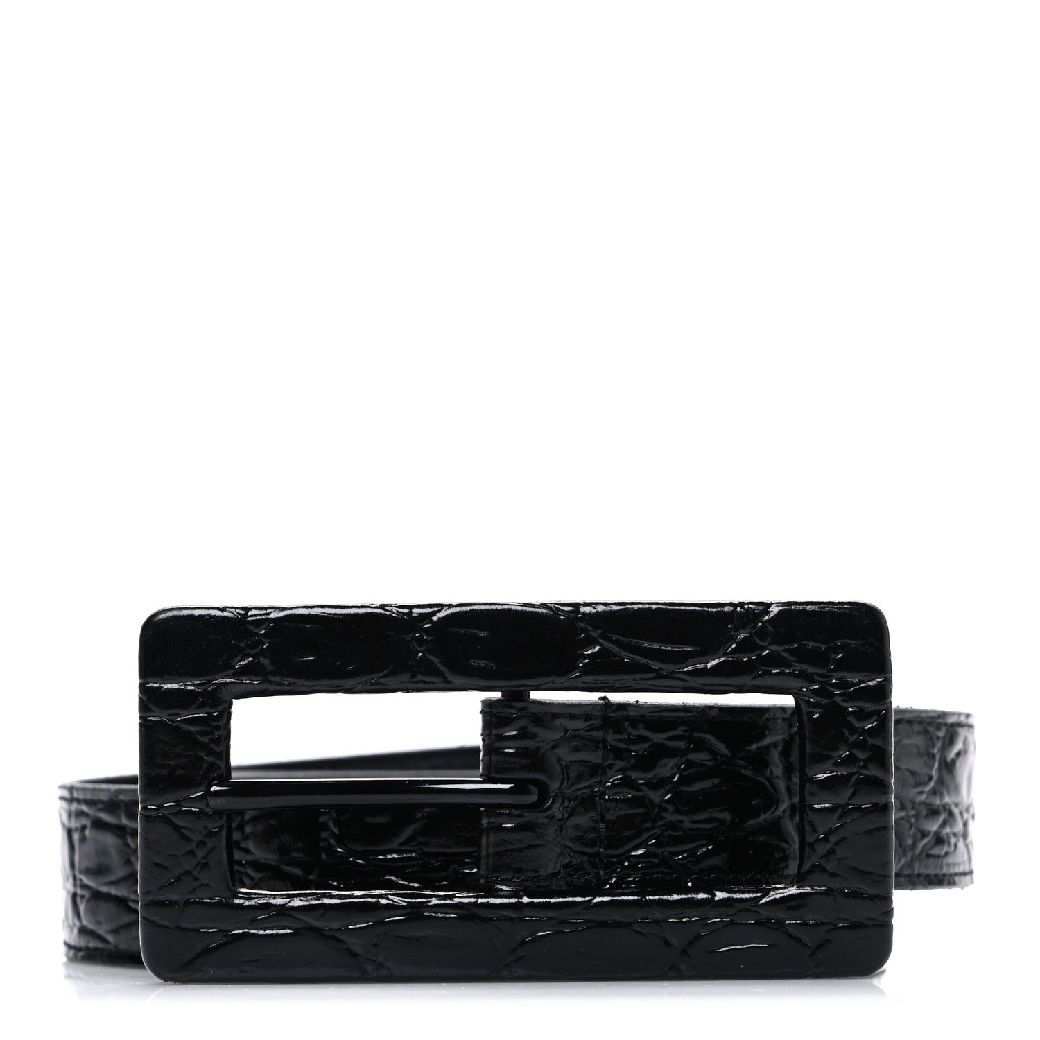 Saint Laurent Snakeskin Calfskin Crocodile Embossed Buckle Belt Black 1 of 6