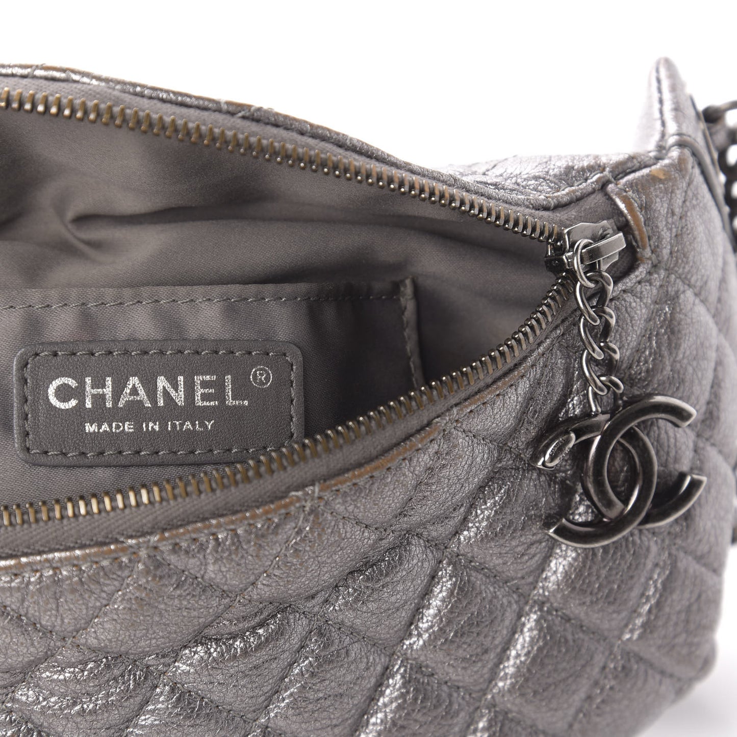Metallic Goatskin Quilted Banane Waist Bag Fanny Pack Silver