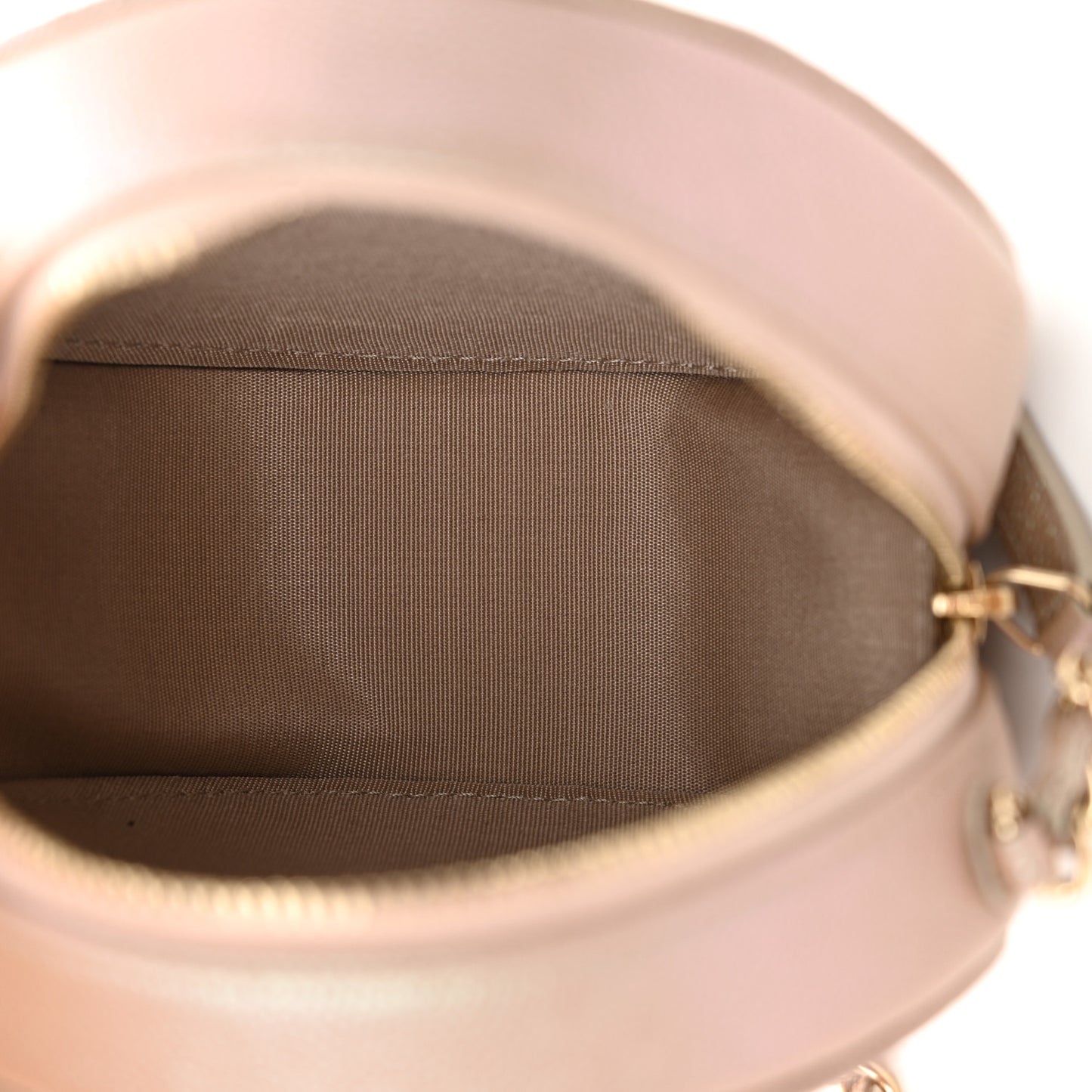 Iridescent Caviar Resin Quilted Round Clutch With Chain Beige