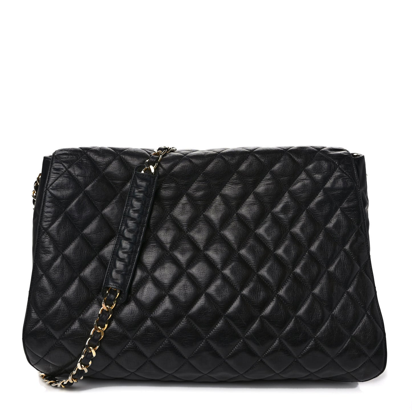 Aged Calfskin Quilted Messenger Bag Black