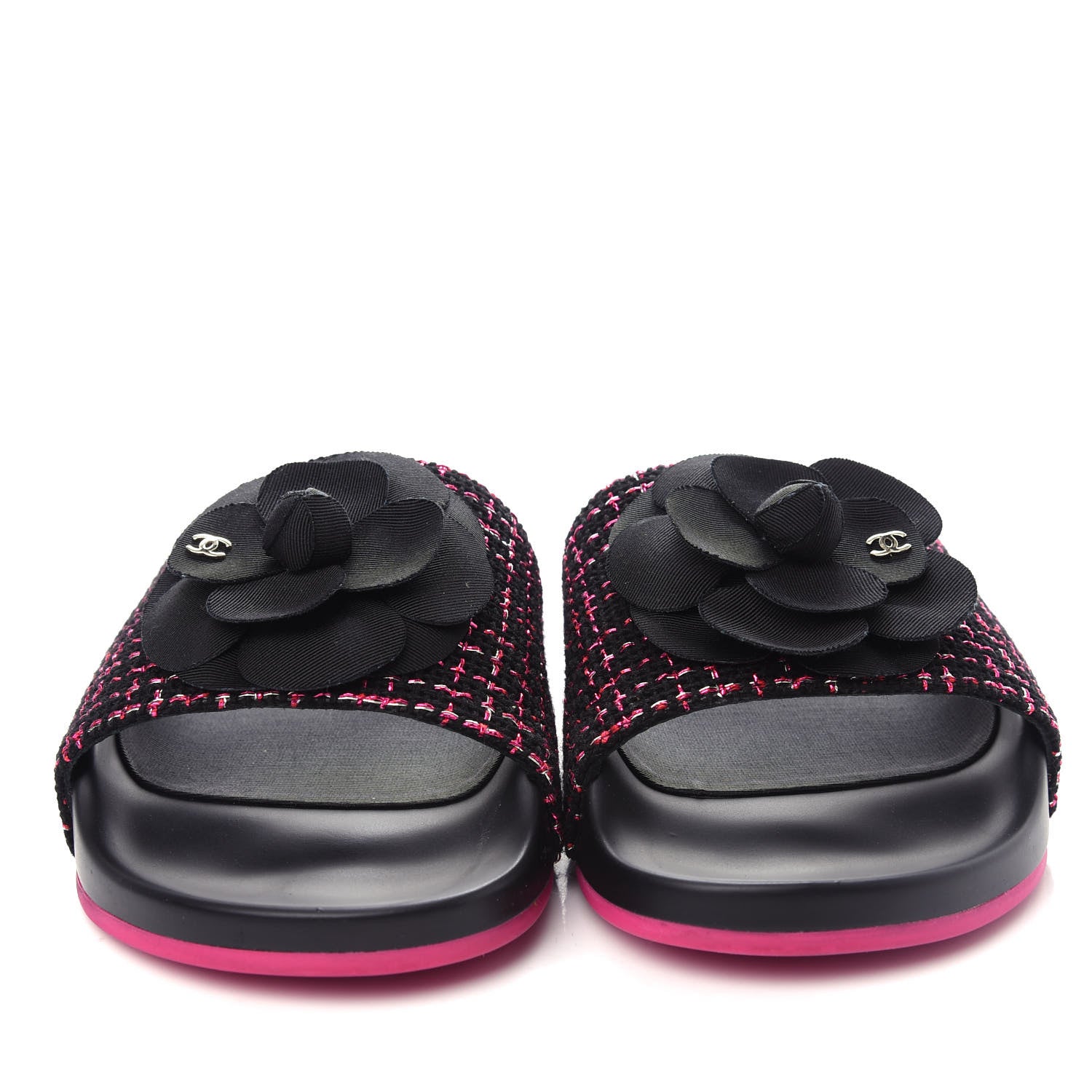 Chanel Tweed Grosgrain Camellia CC Flat Mules 37 Black Pink 5 of 11