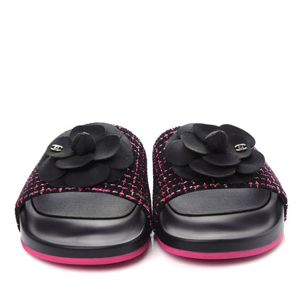 Chanel Tweed Grosgrain Camellia CC Flat Mules 37 Black Pink 5 of 11
