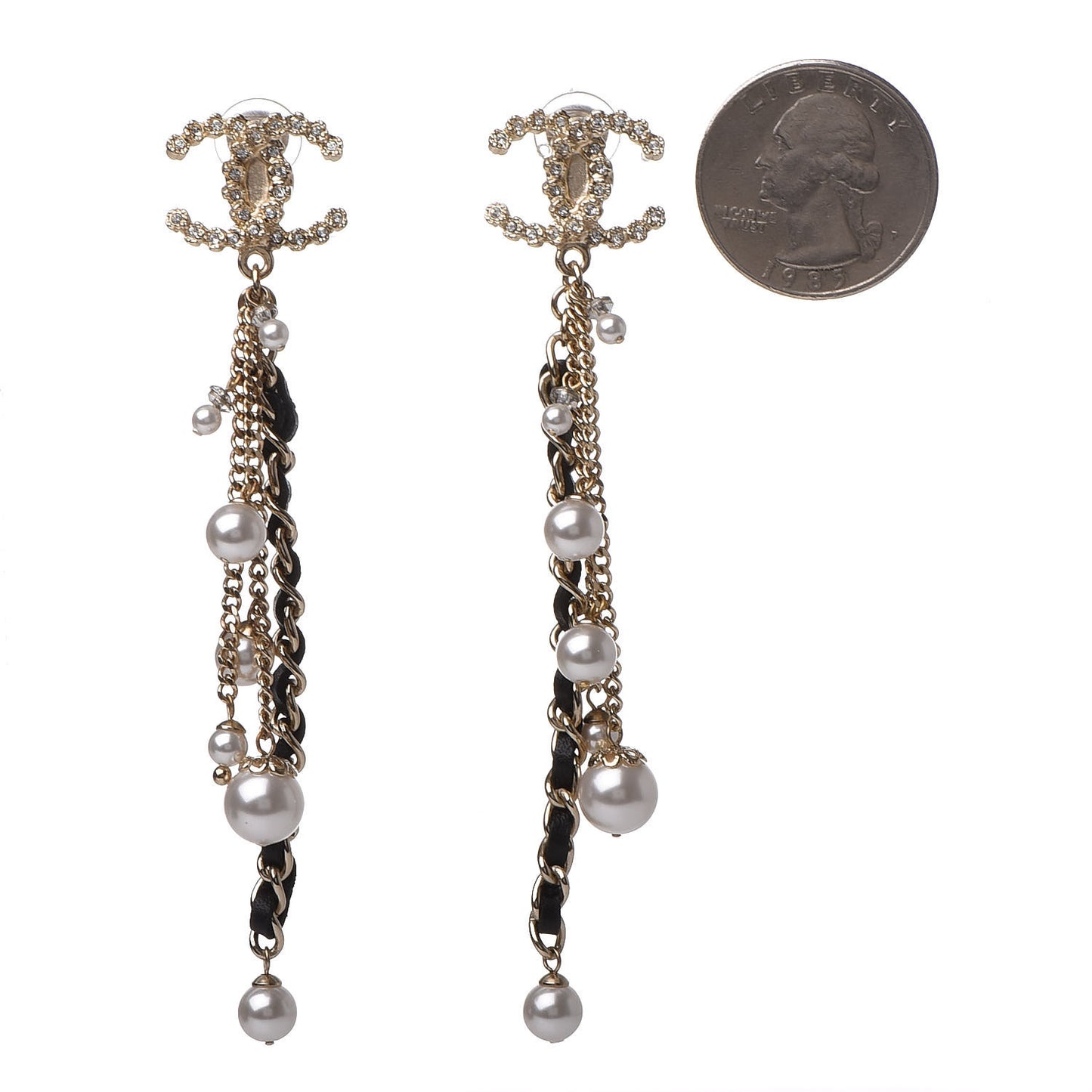 Pearl Crystal Lambskin Chain CC Dangle Clip On Earrings Gold