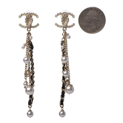 Chanel Pearl Crystal Lambskin Chain CC Dangle Clip On Earrings Gold 2 of 4