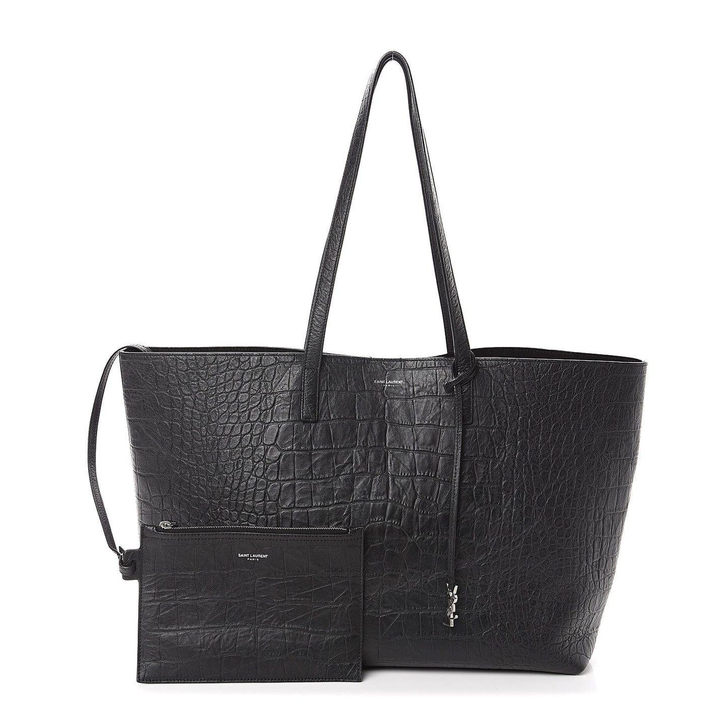 Calfskin Crocodile Embossed Large Shopper Tote Black