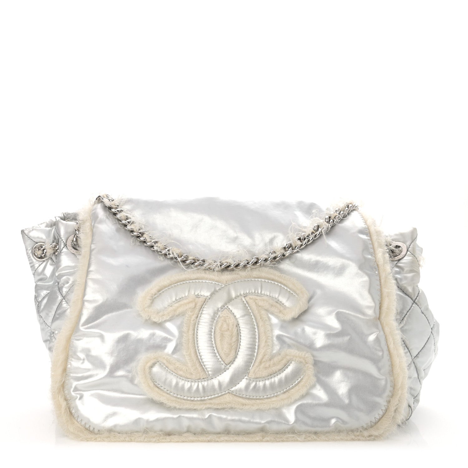 Chanel Vinyl Mohair Trimmed Accordion Arctic Polar Ice Flap Silver 1 of 10