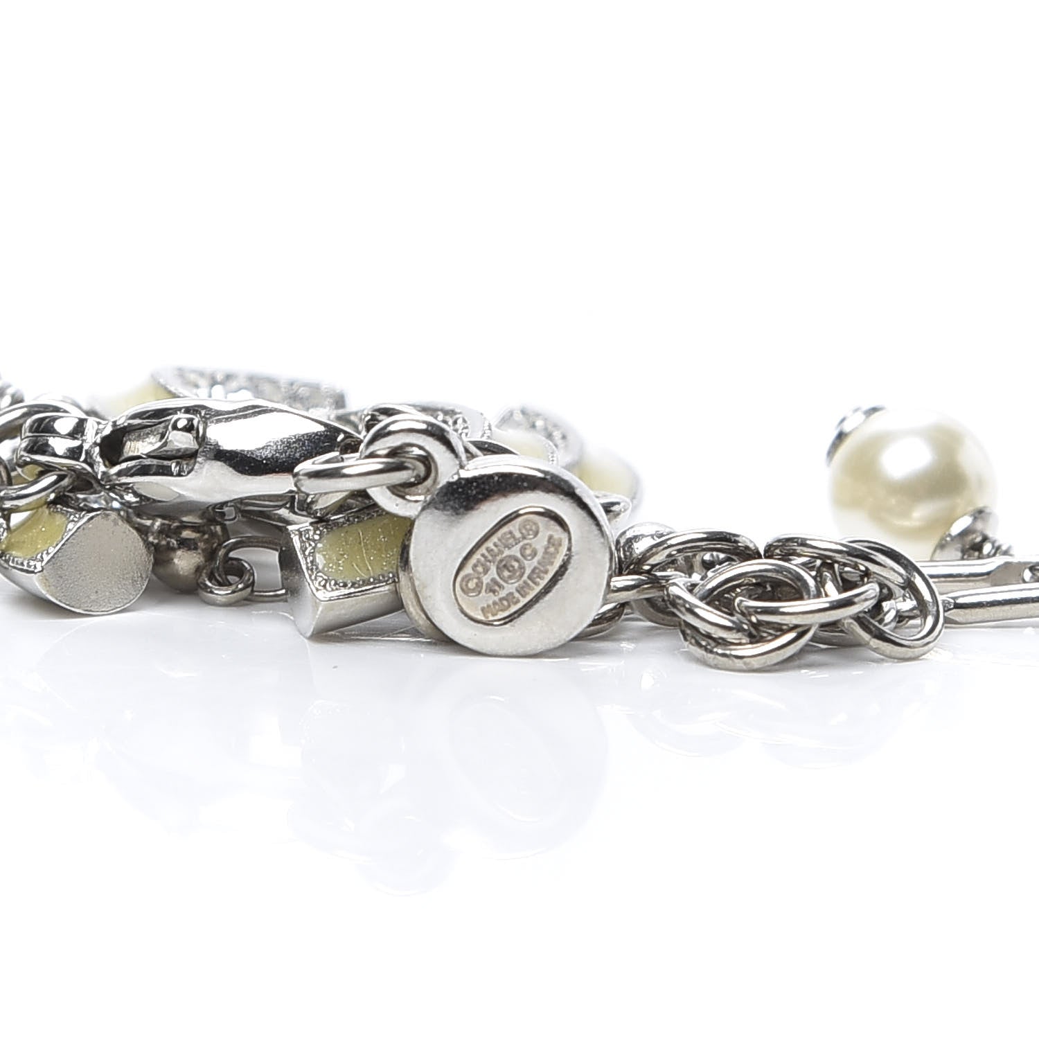 Chanel Crystal Pearl CC Beaded Long Necklace Silver 4 of 5
