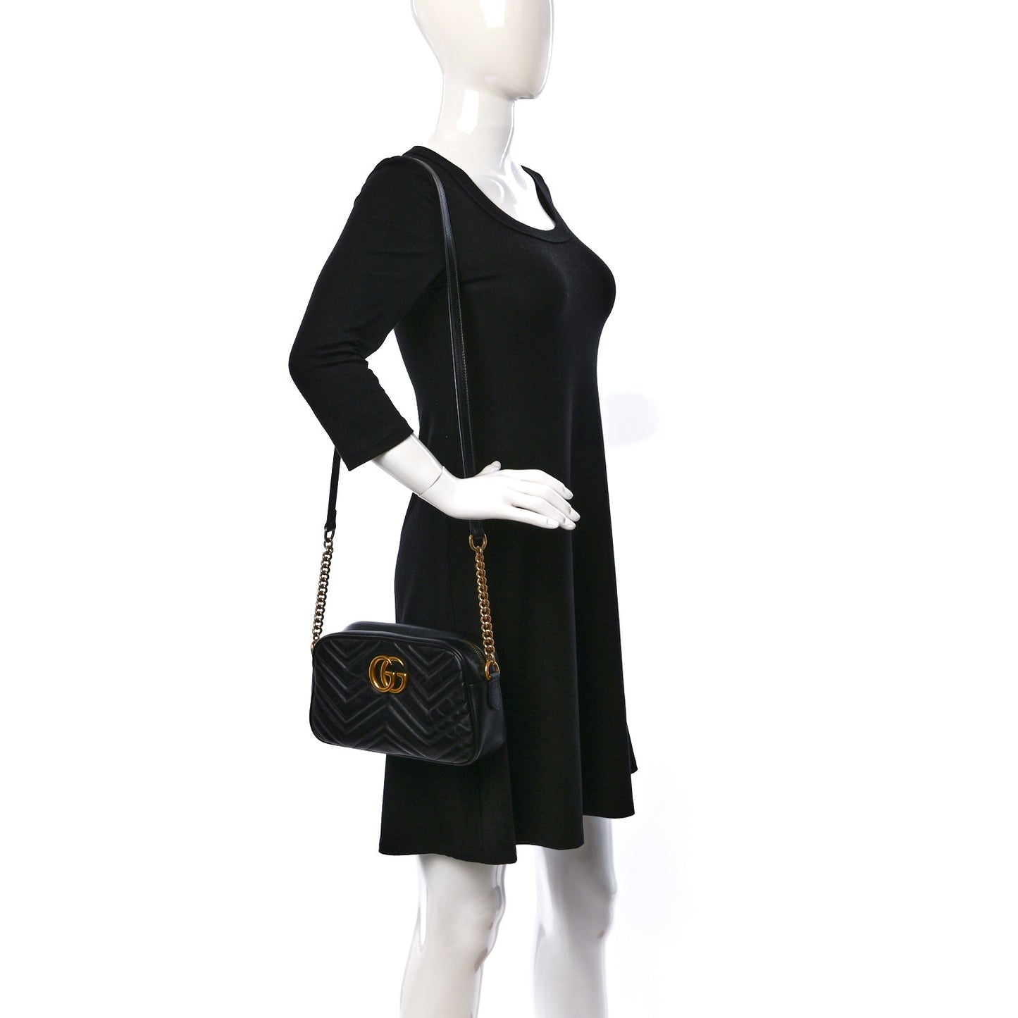 Calfskin Matelasse Small GG Marmont Chain Shoulder Bag Black