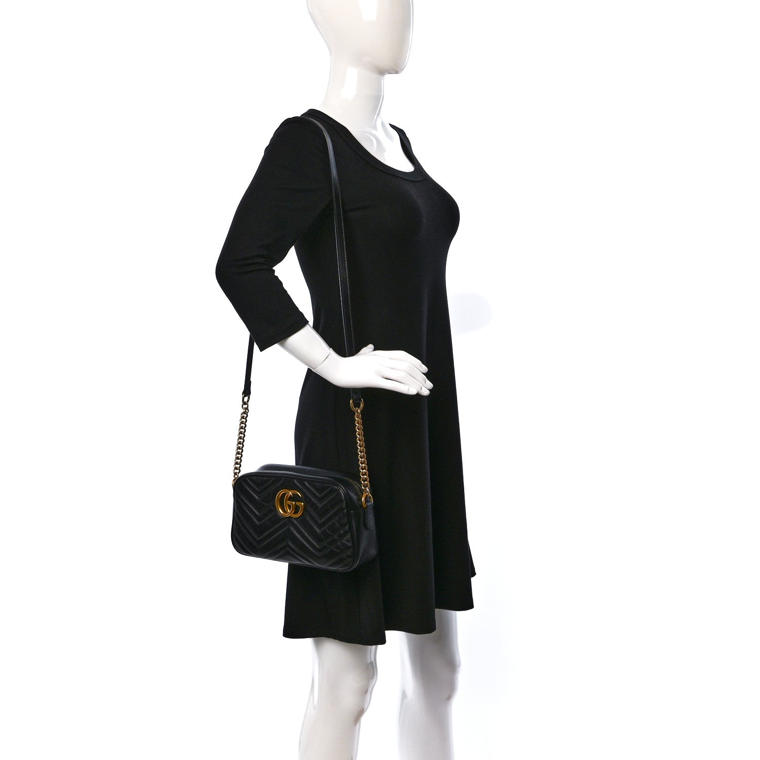 Gucci Calfskin Matelasse Small GG Marmont Chain Shoulder Bag Black 2 of 15