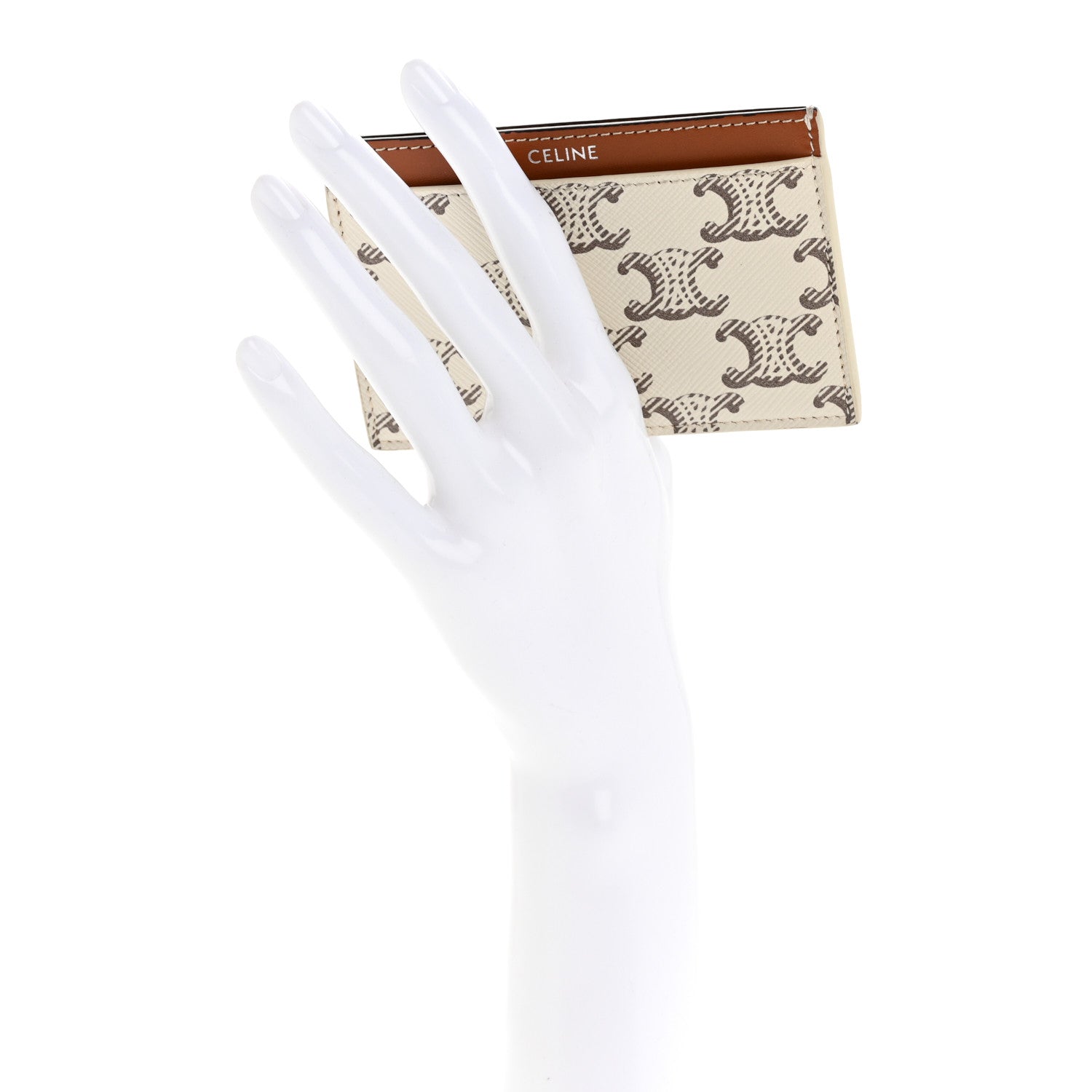 Celine Triomphe Canvas Calfskin Card Holder White Tan 2 of 9