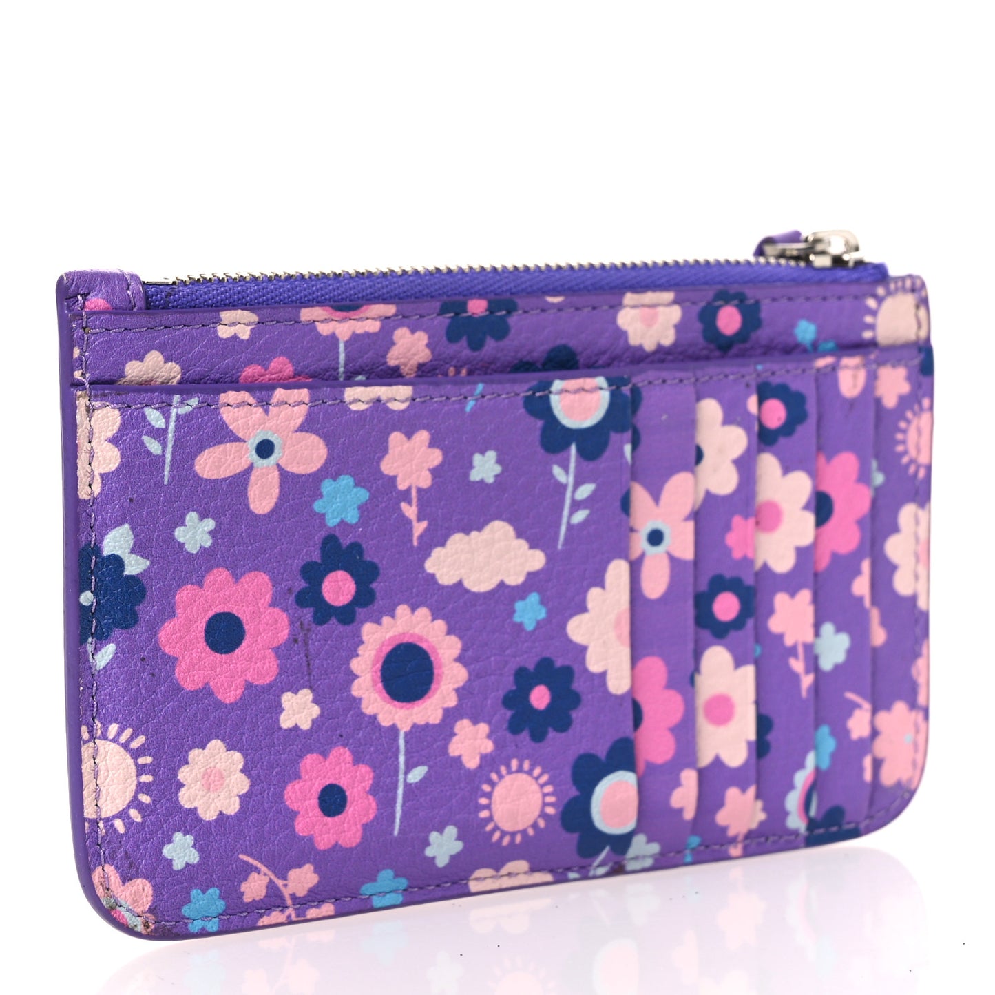 Grained Calfskin Floral Print Logo Large Cash Long Coin Card Holder Purple Multicolor