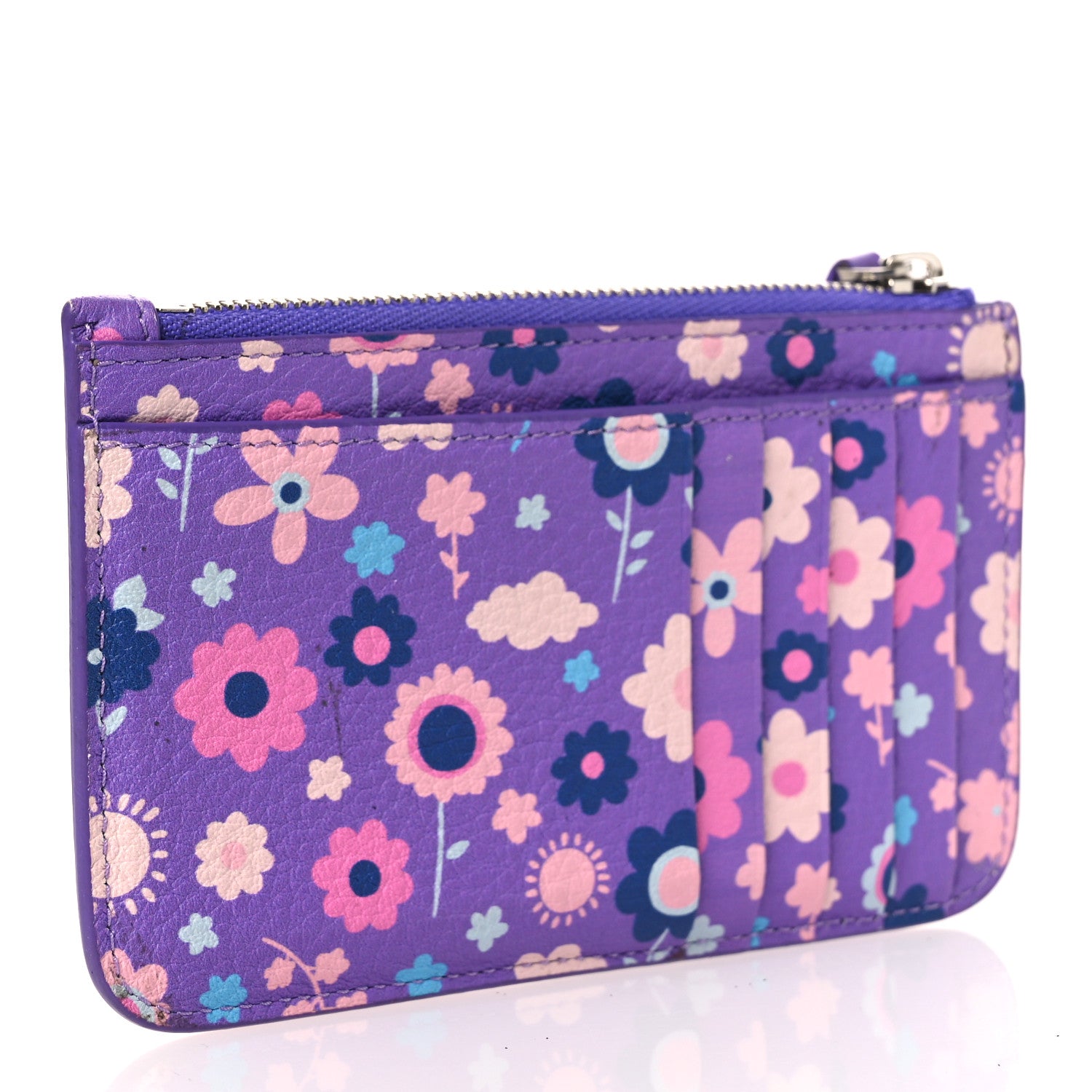 Balenciaga Grained Calfskin Floral Print Logo Large Cash Long Coin Card Holder Purple Multicolor 3 of 8