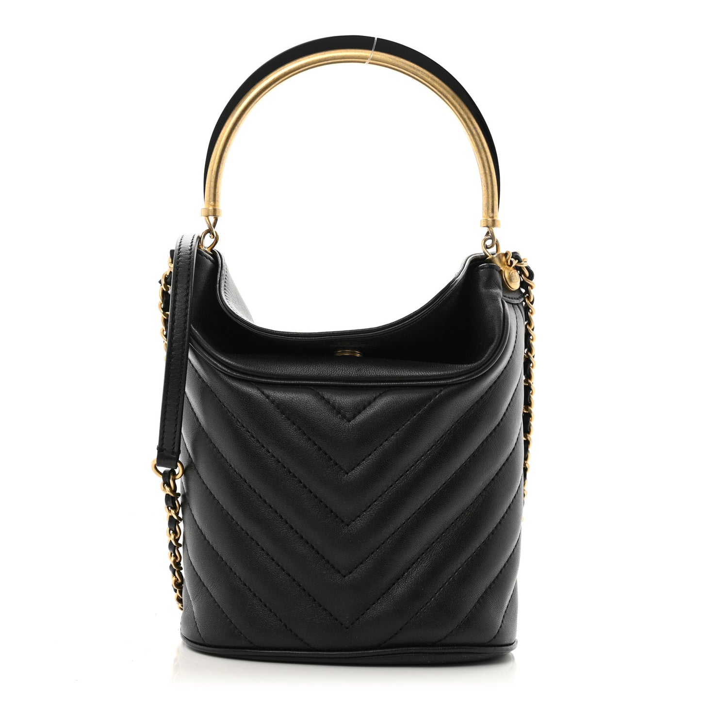 Lambskin Chevron Quilted Handle With Chic Bucket Bag Black