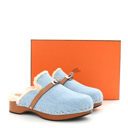 Hermes Denim Wool Carlotta Mules 37 Bleu Clair Naturel 9 of 9