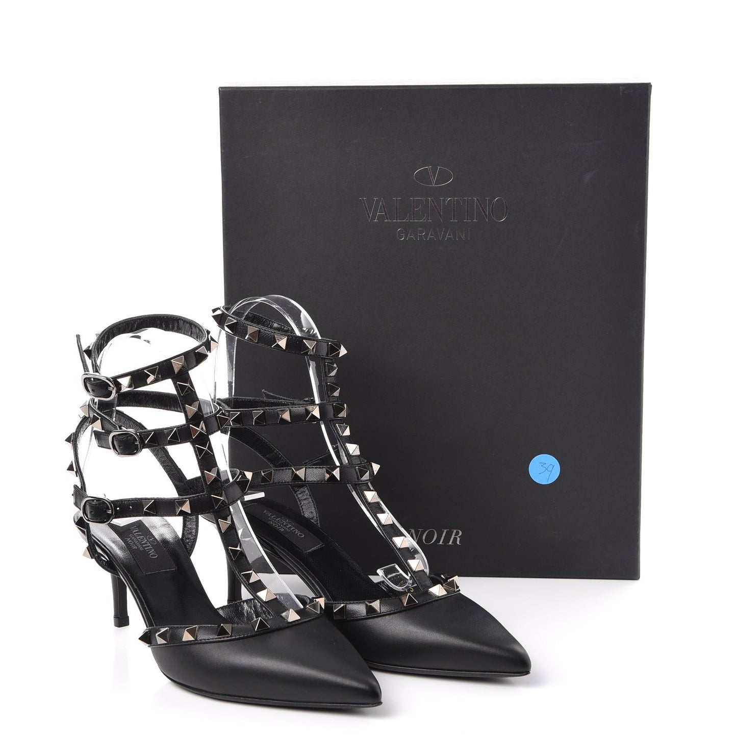 Nappa Rockstud Ankle Strap Low Heel Pumps 36 Black