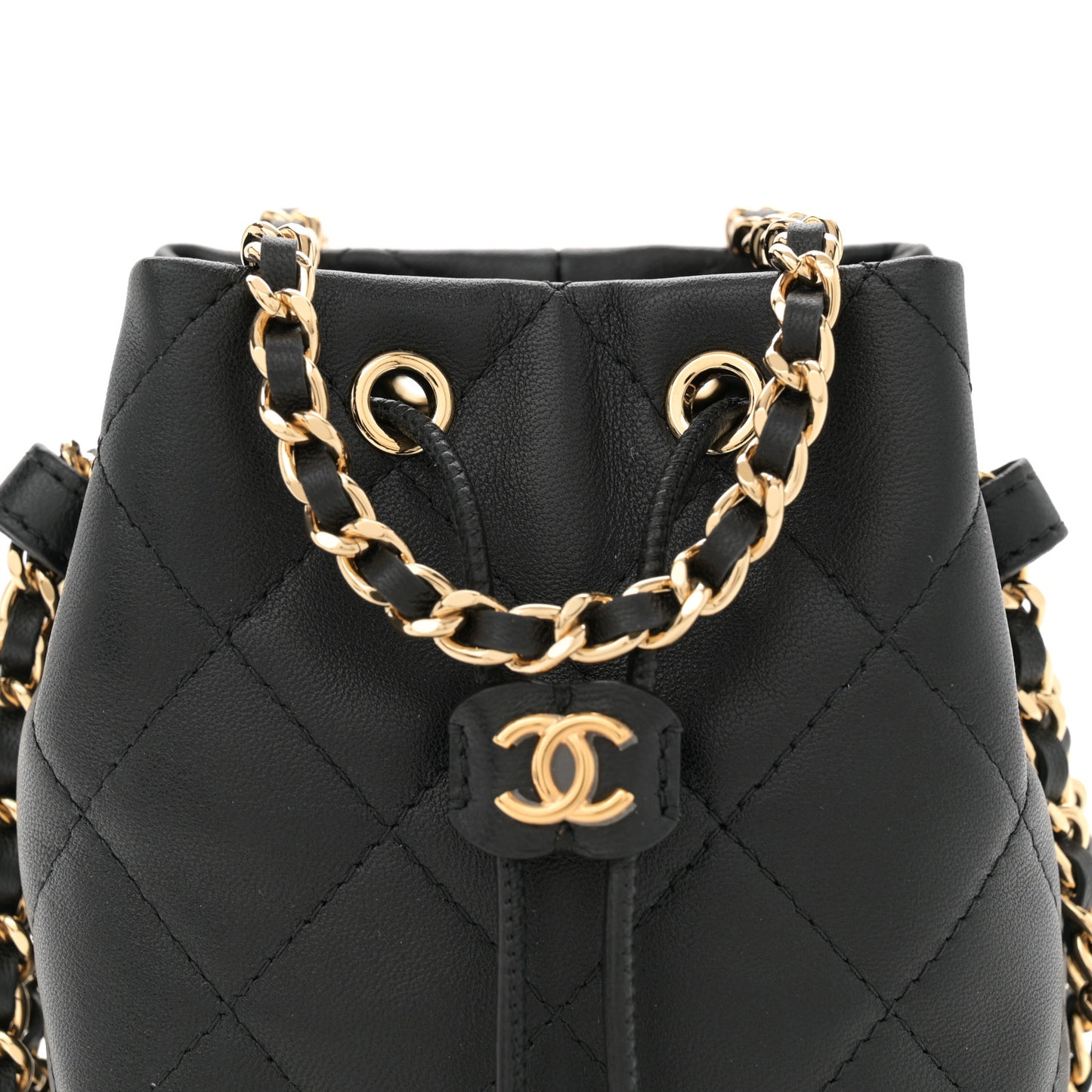 Metal Lambskin Quilted Small Chain Bucket Bag Black