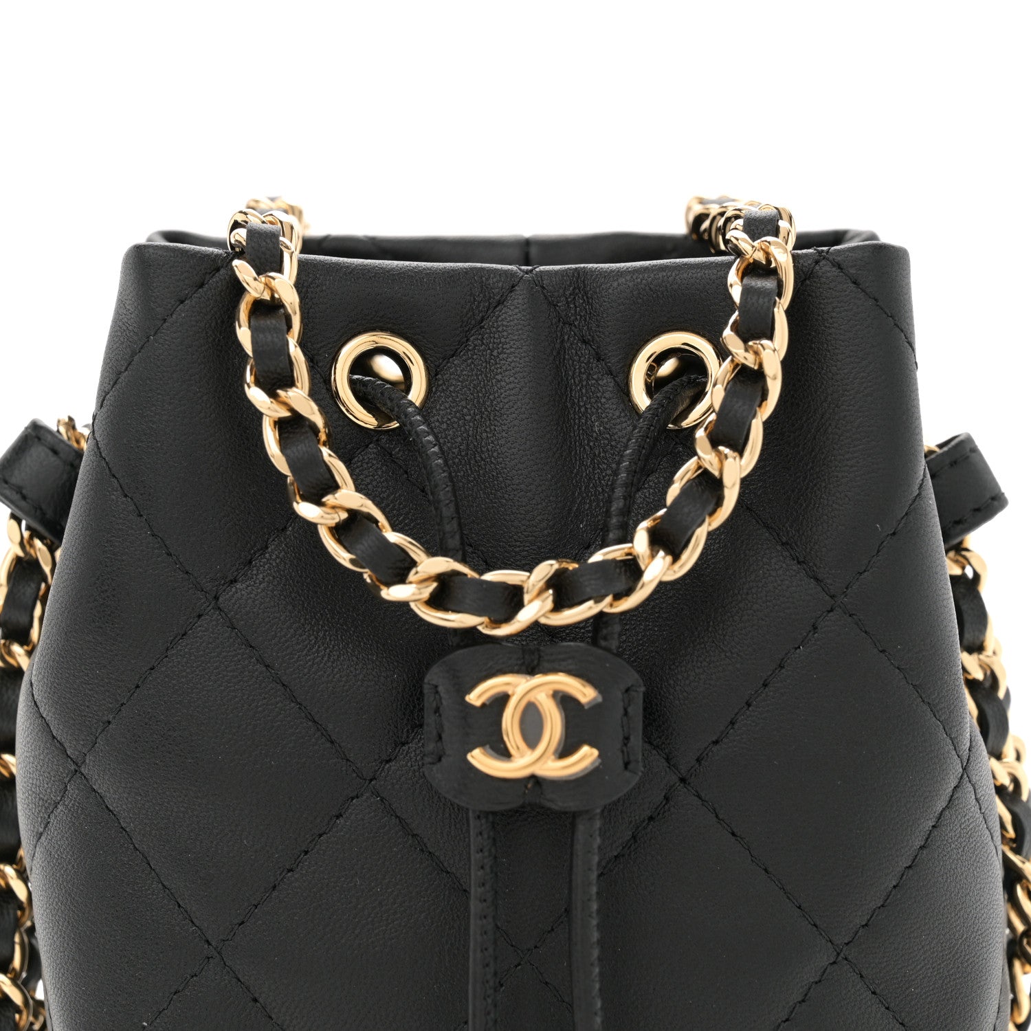 Chanel Metal Lambskin Quilted Small Chain Bucket Bag Black 9 of 12
