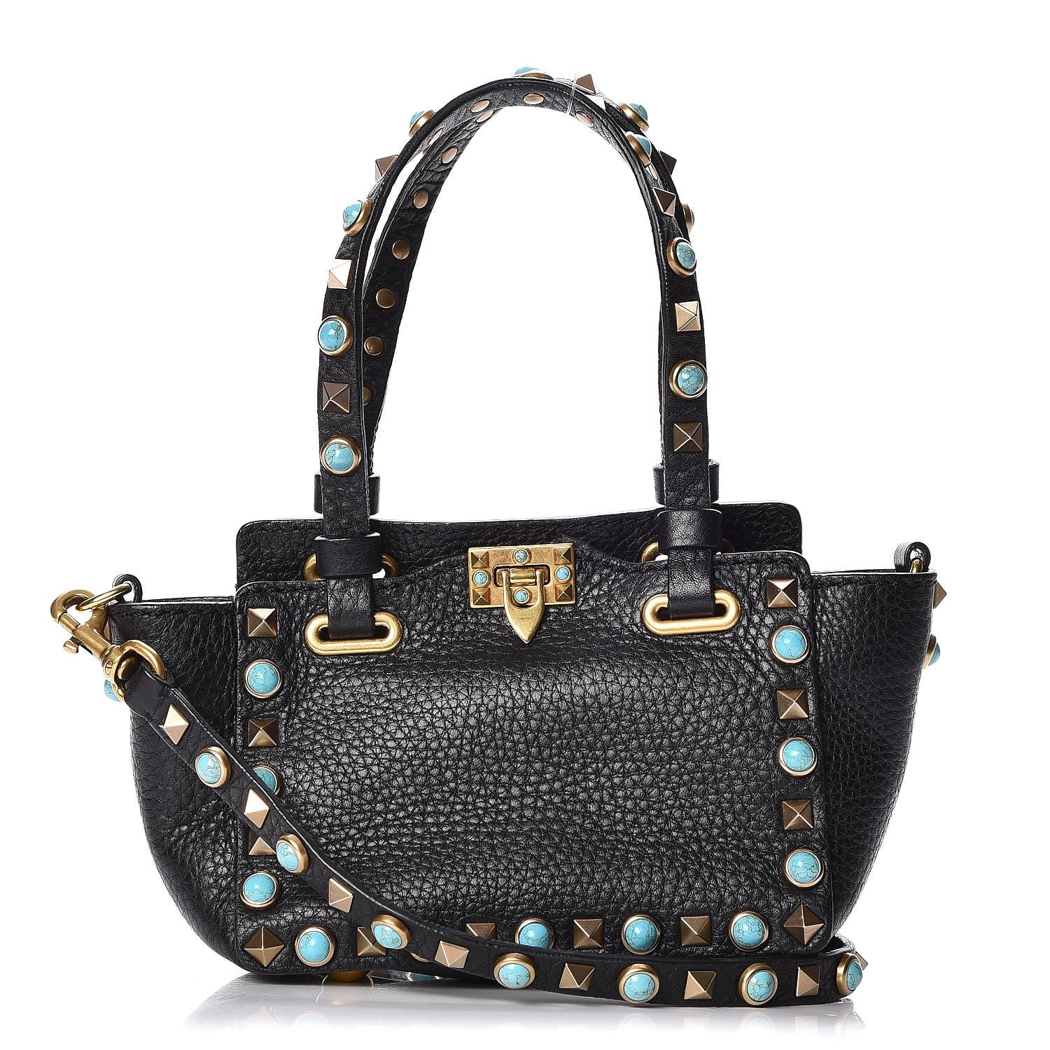 Valentino Garavani Grained Calfskin Turquoise Micro Rockstud Rolling Tote Black 1 of 8