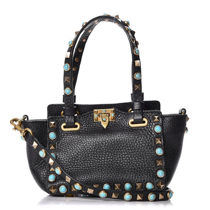 Valentino Garavani Grained Calfskin Turquoise Micro Rockstud Rolling Tote Black 1 of 8