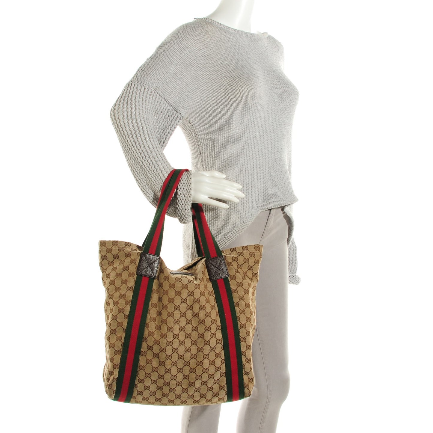 GG Monogram Medium Web Handle Vertical Tote Bag Dark Brown