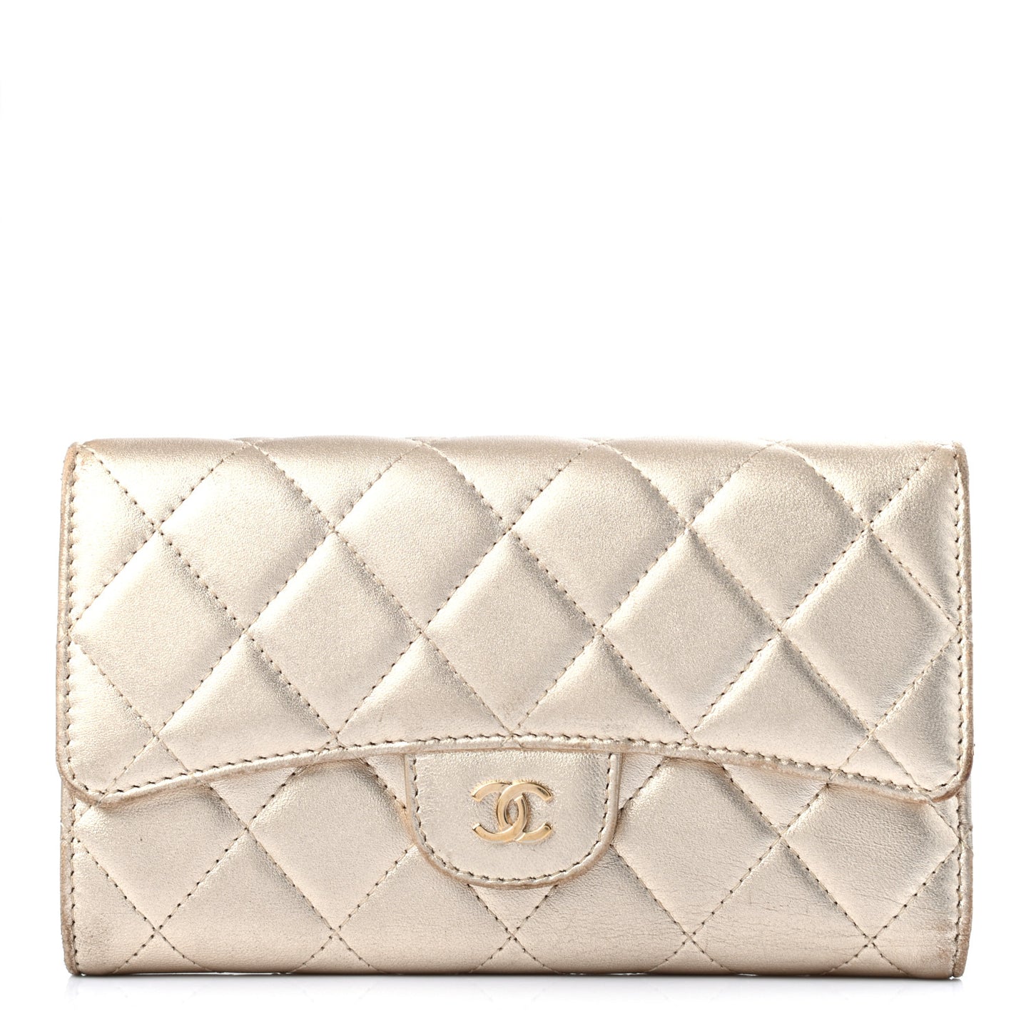 Metallic Lambskin Quilted Large Flap Wallet Gold