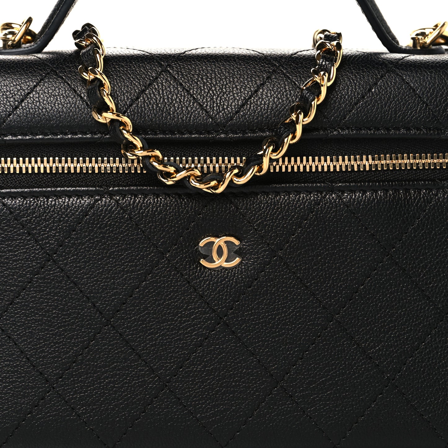 Goatskin Stitched Top Handle Slim Vanity With Chain Black