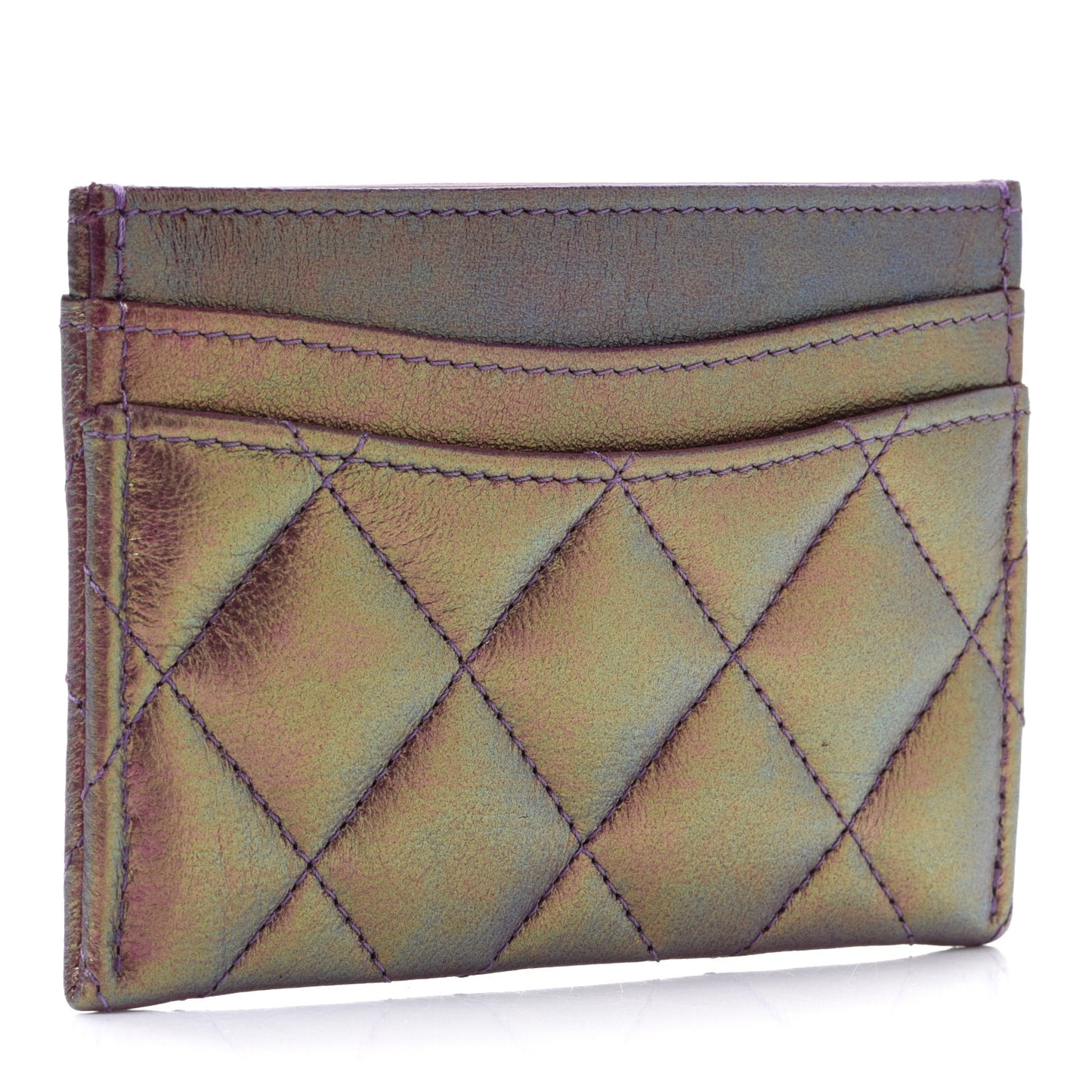 Iridescent Lambskin Quilted Card Holder Purple
