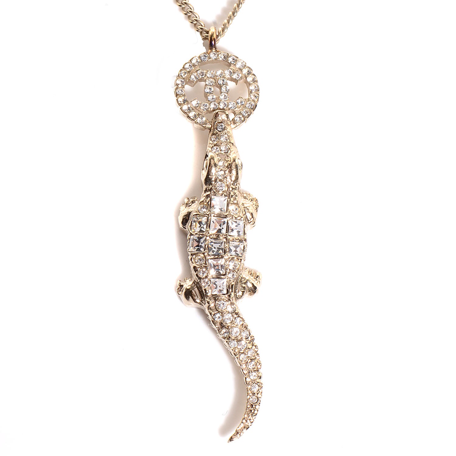 Chanel Crystal CC Alligator Necklace Gold 3 of 5