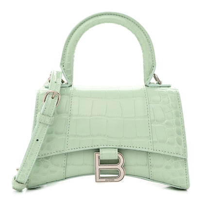 Balenciaga Shiny Calfskin Crocodile Embossed Hourglass Top Handle Bag XS Light Green 1 of 11