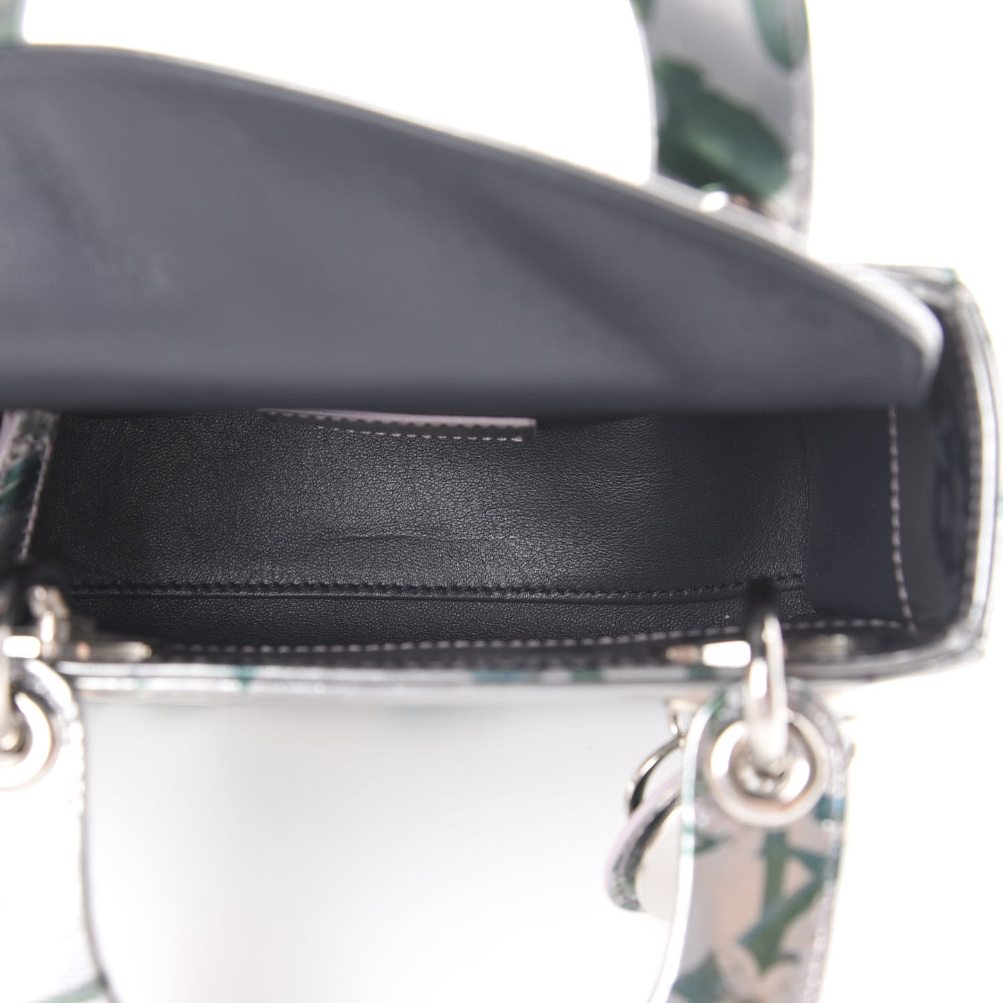 Metallic Calfskin Cherry Blossom Print Mini Lady Dior Silver