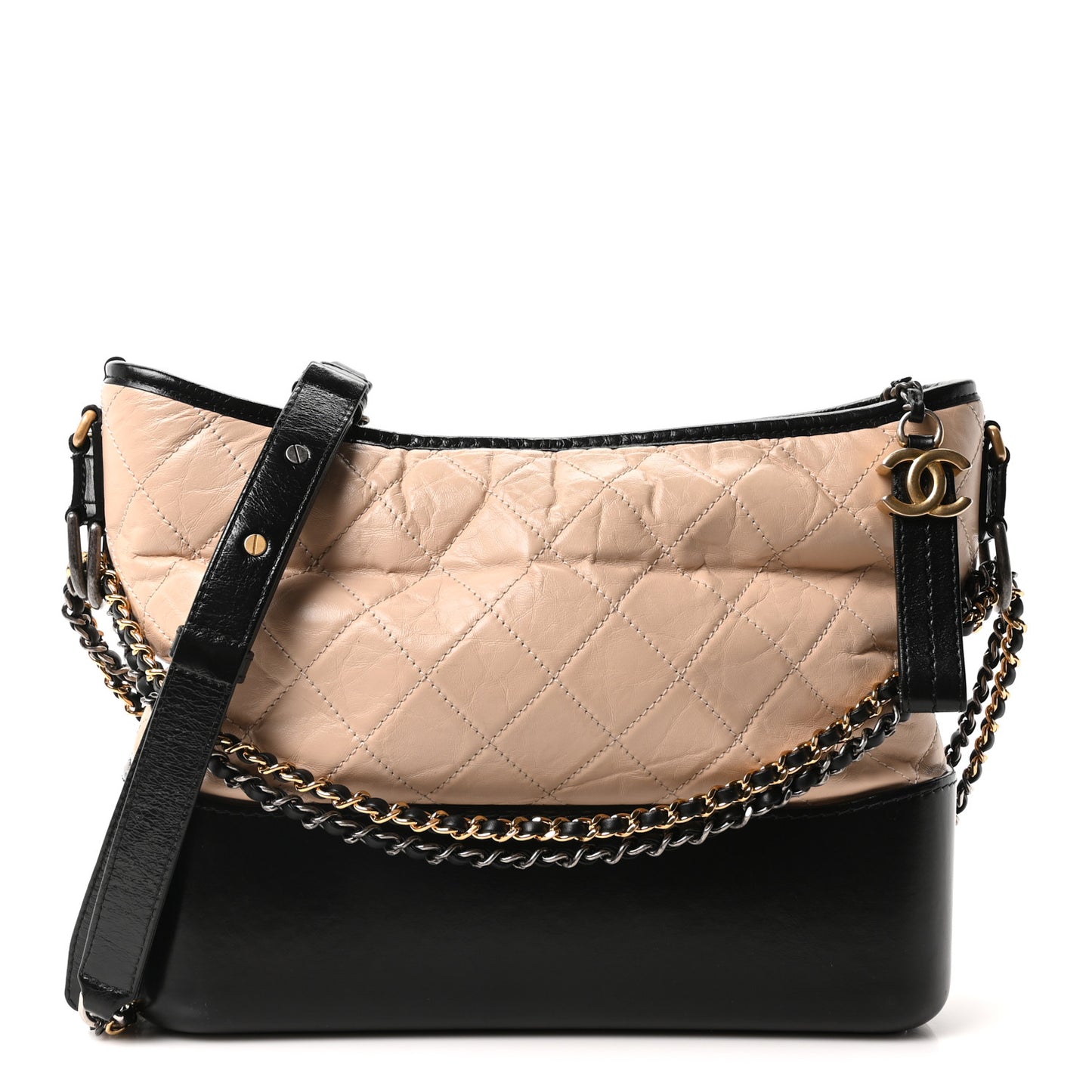 Aged Calfskin Quilted Medium Gabrielle Hobo Beige Black