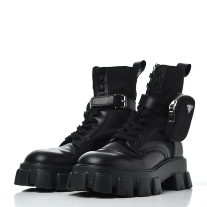 Prada Spazzolato Rois Re-Nylon Metal Triangle Logo Mens Monolith Pouch Pocket 60mm Combat Boots 8.5 Black 3 of 16